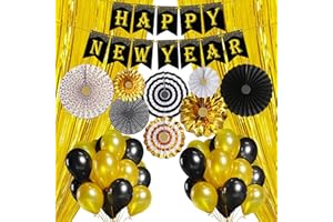 KatchOn, Happy New Year Decorations 2024 Set - Glitter Happy New Year Banner, No DIY | Gold Fringe Curtain Backdrop, New Year Balloons, New Years Decorations 2024 | New Years Eve Party Supplies 2024
