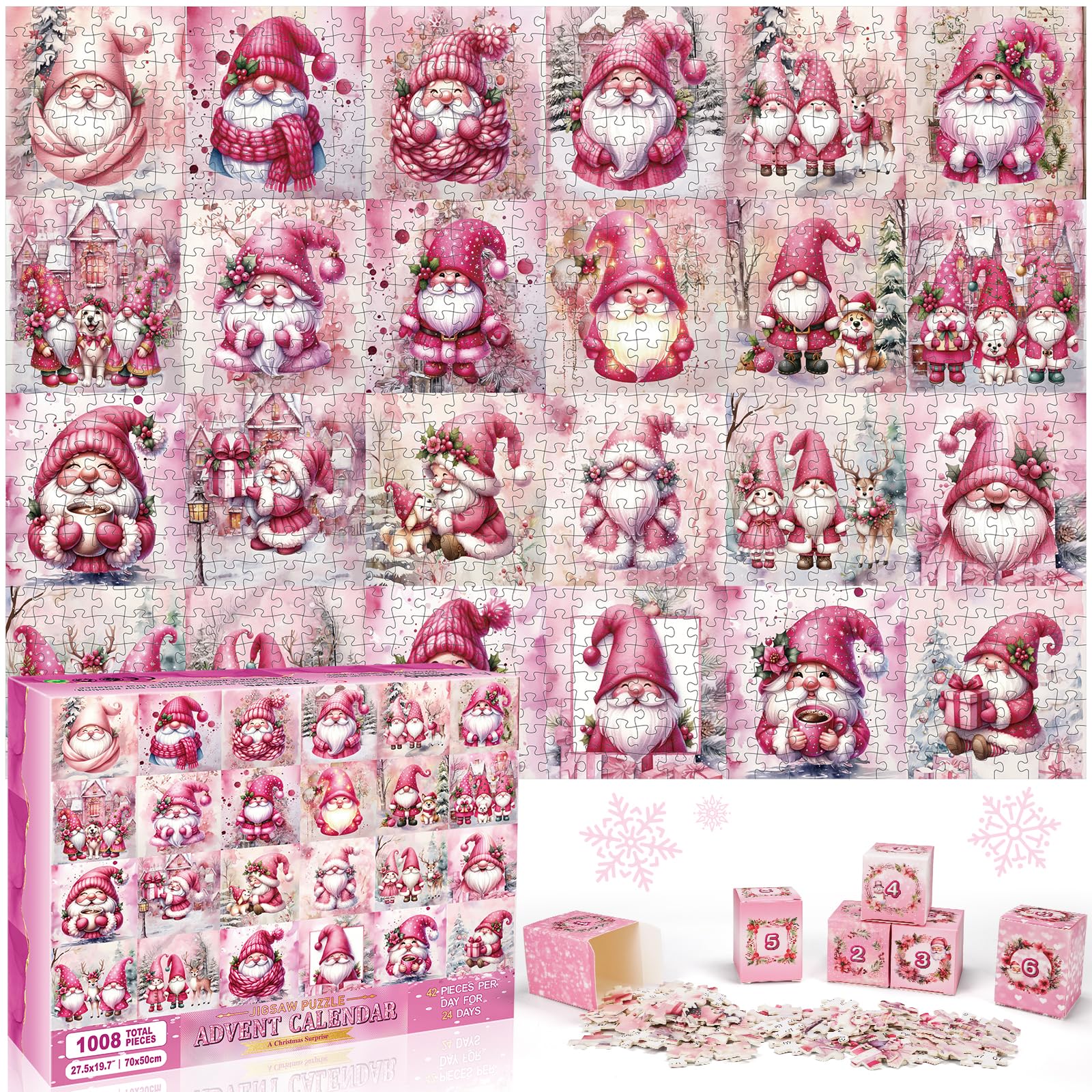 Advent Calendar 2024 – 1008 Piece Jigsaw Puzzles, Pink Gnome Advent Calendar to Enhance Observation Skills and Boost IQ, 24-Day Christmas Puzzle Countdown for Kids and Adults.