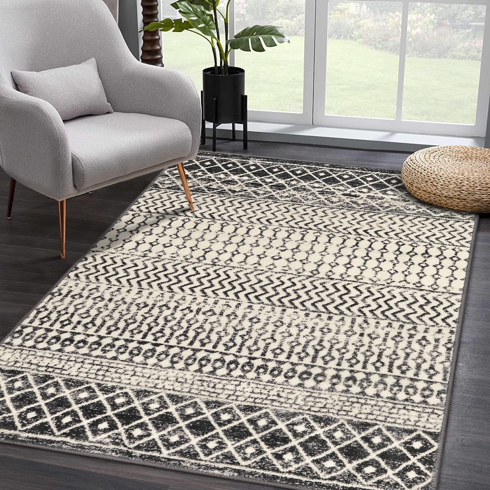 Photo 1 of Nailttos Moroccan Large Area Rug 5x7, Washable Non-Slip Black Distressed Tribal Living Room Rug, Soft Low-Pile Dining Room Rug Traditional Farmhouse Carpet for Bedroom Dorm Office Home Decor