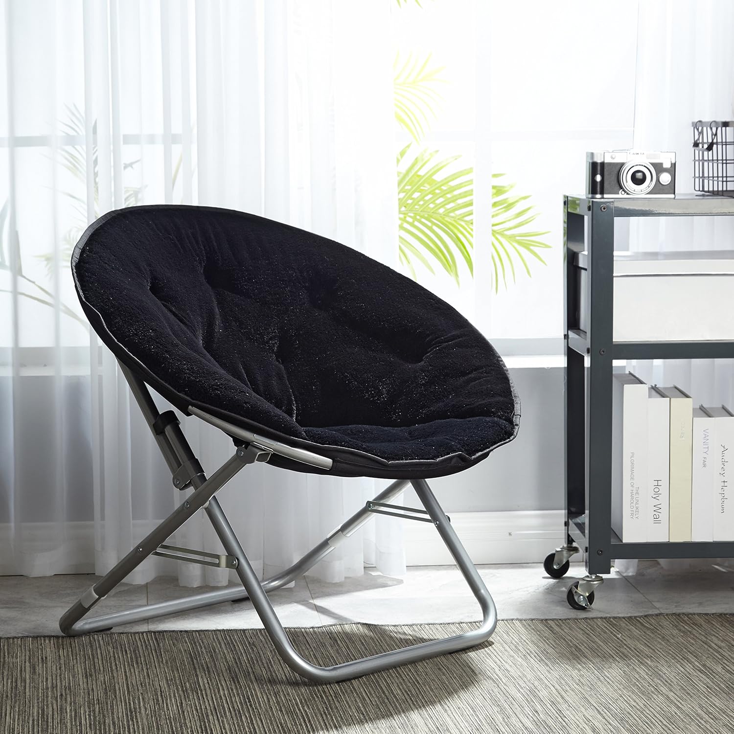 Urban Shop Faux Fur Saucer Chair with Metal Frame, One Size, Black: Toys & Games
