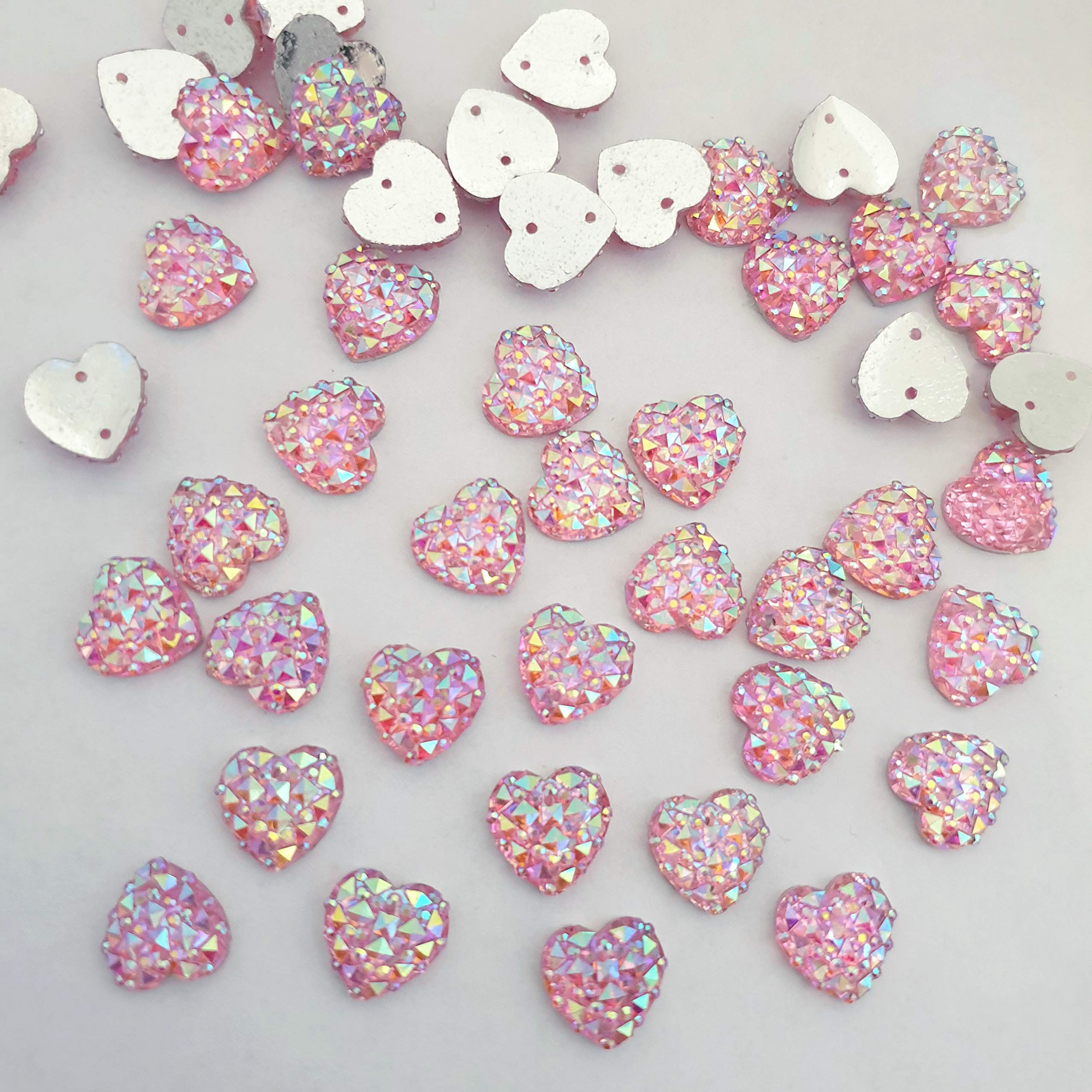 Majorcrafts50pcs 12mm Light Pink AB Flat Back Heart Sew On Resin Rhinestones Craft Gems
