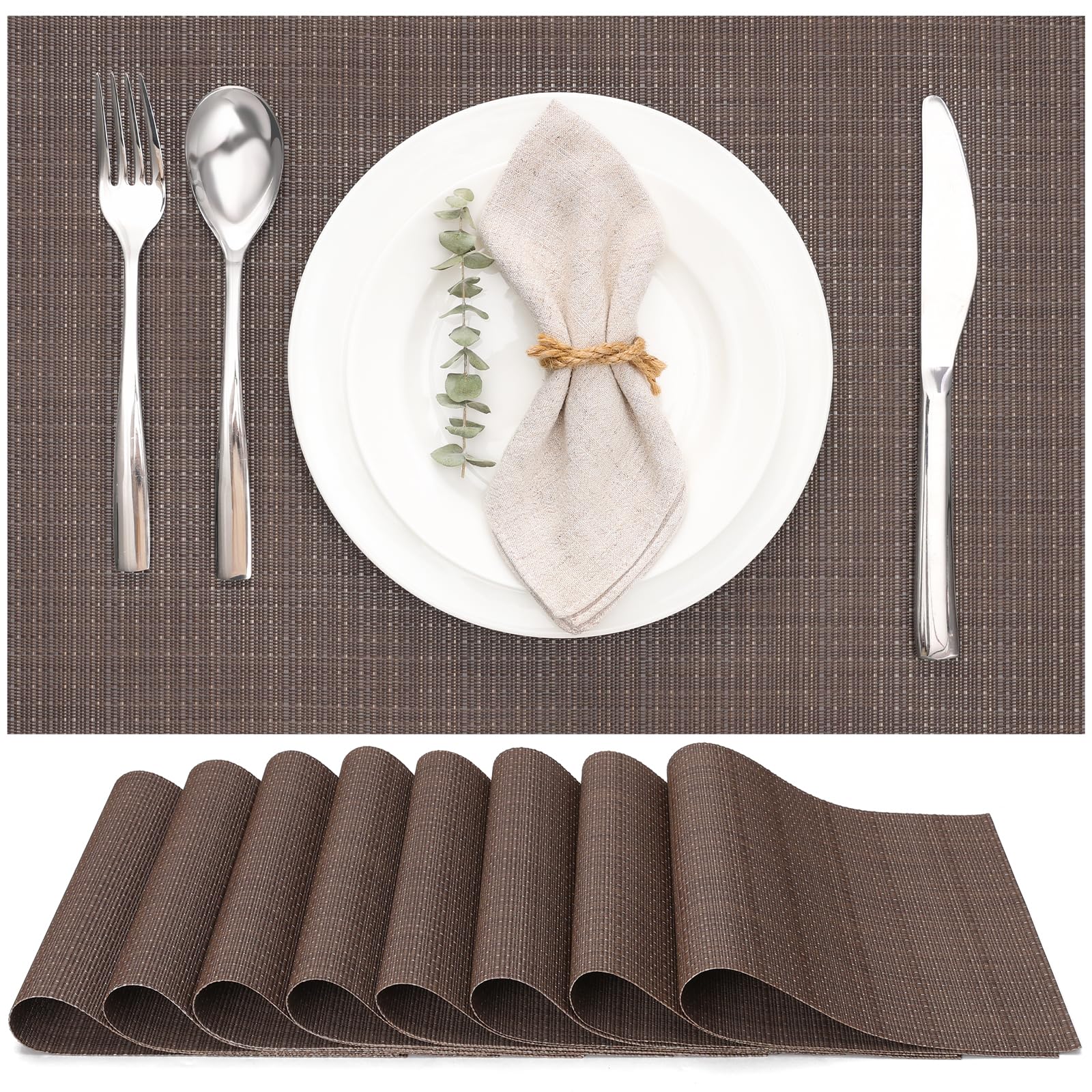 Myir JUN Table Mats Set of 8, Place Mats Table Placemats Washable Non-slip Heat Insulation Woven Vinyl for Kitchen Dinning Restaurant 17"X12" (Coffee)