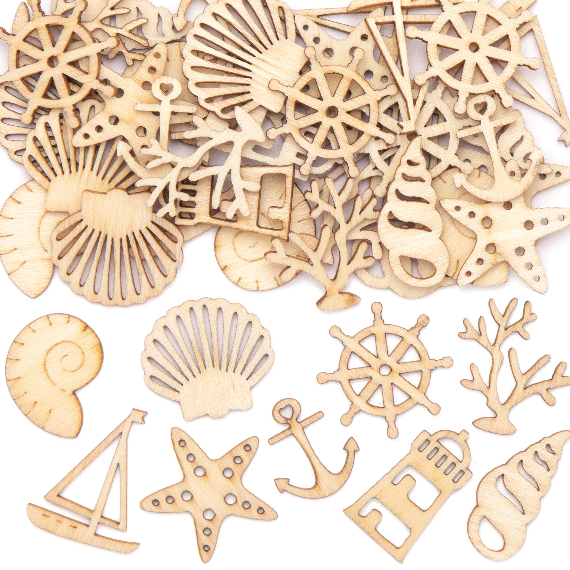 Baker Ross AT757 Seaside Mini Wooden Shapes - Pack of 45, Woodcrafts for Kids to Design, Paint, Decorate and Then Use