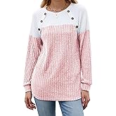 Famulily Womens Ribbed Knit Long Sleeve Crew Neck Sweatshirts Casual Colorblock Button Detail Tunic Tops