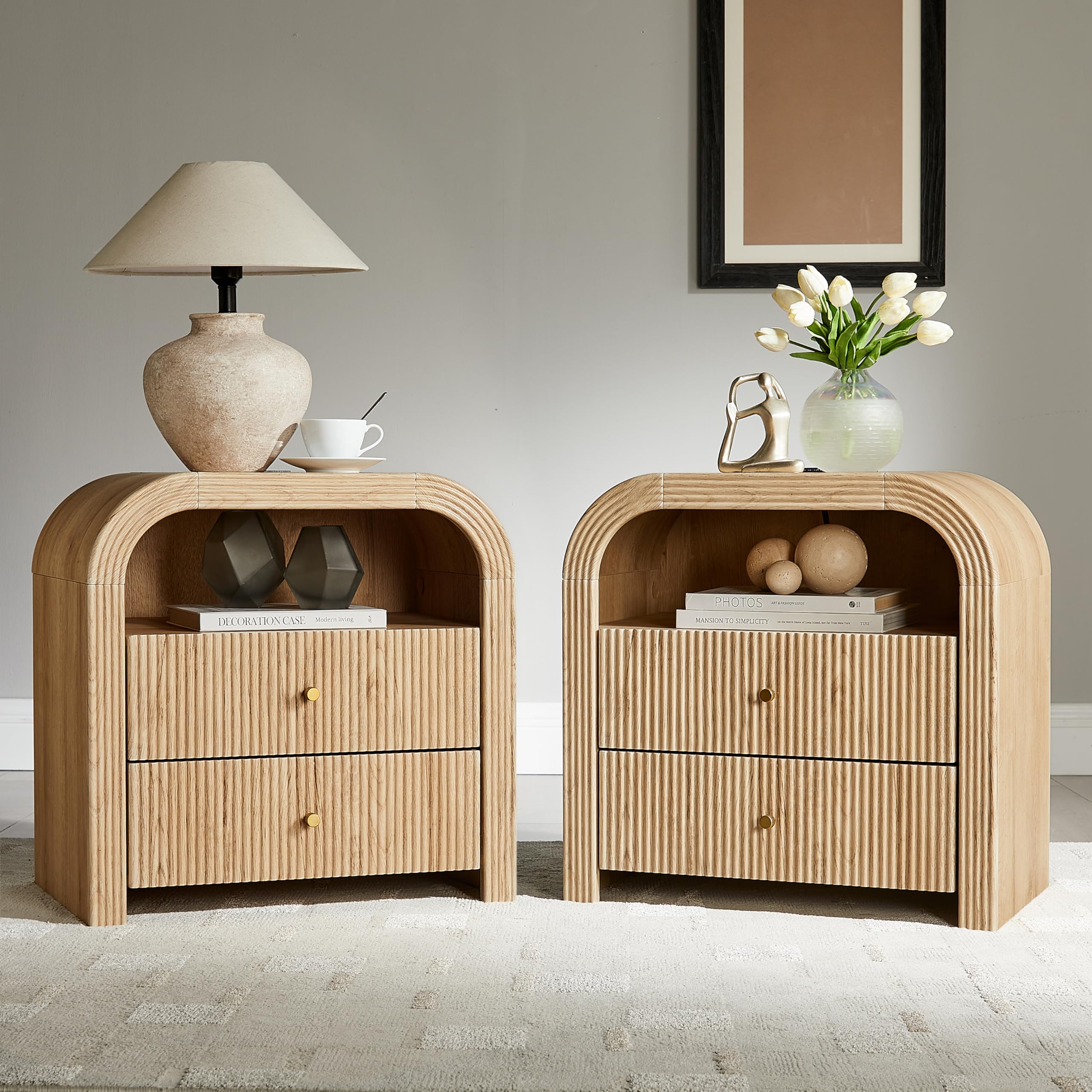 T4TREAM 24" Fluted Nightstand Set of 2, Large 2 Drawers Bedside Table with Charging Station, Modern End Table with Storage Night Stand for Bedroom, Living Room, Round Curved Corner Design, Natural Oak