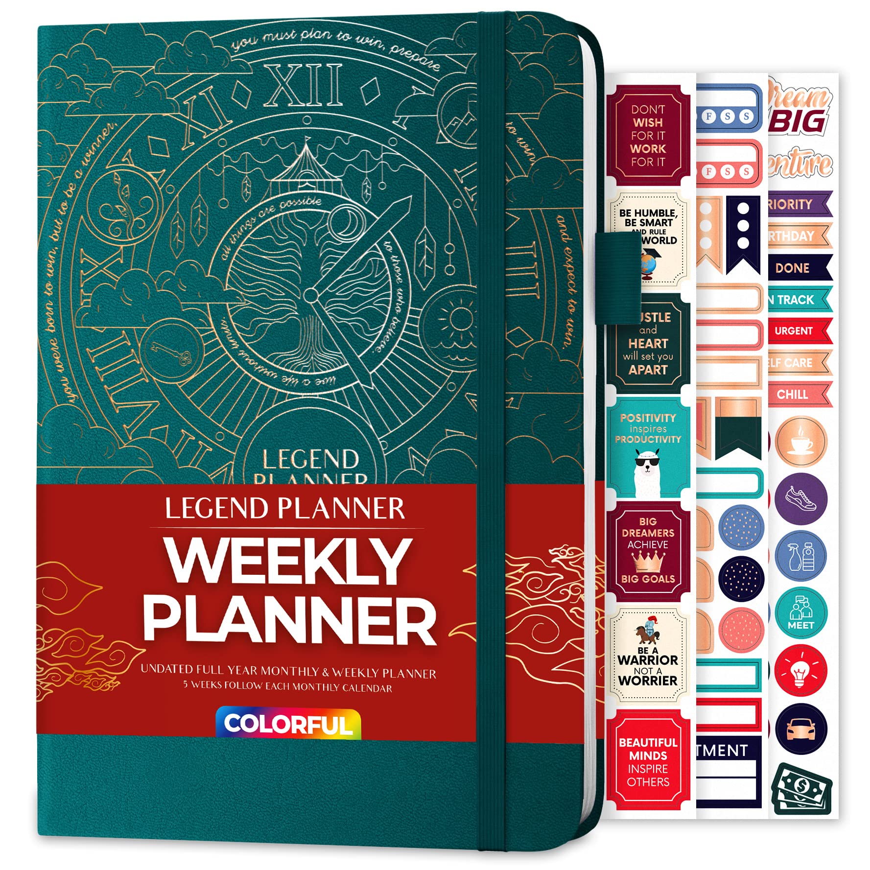 Legend Weekly Colorful Planner 2nd Edition – Undated Life & Work Agenda Journal for Time Management, Goal Setting, Productivity, Tasks & To Do Lists – A5 size, Hardcover - Dark Teal Gold Foil