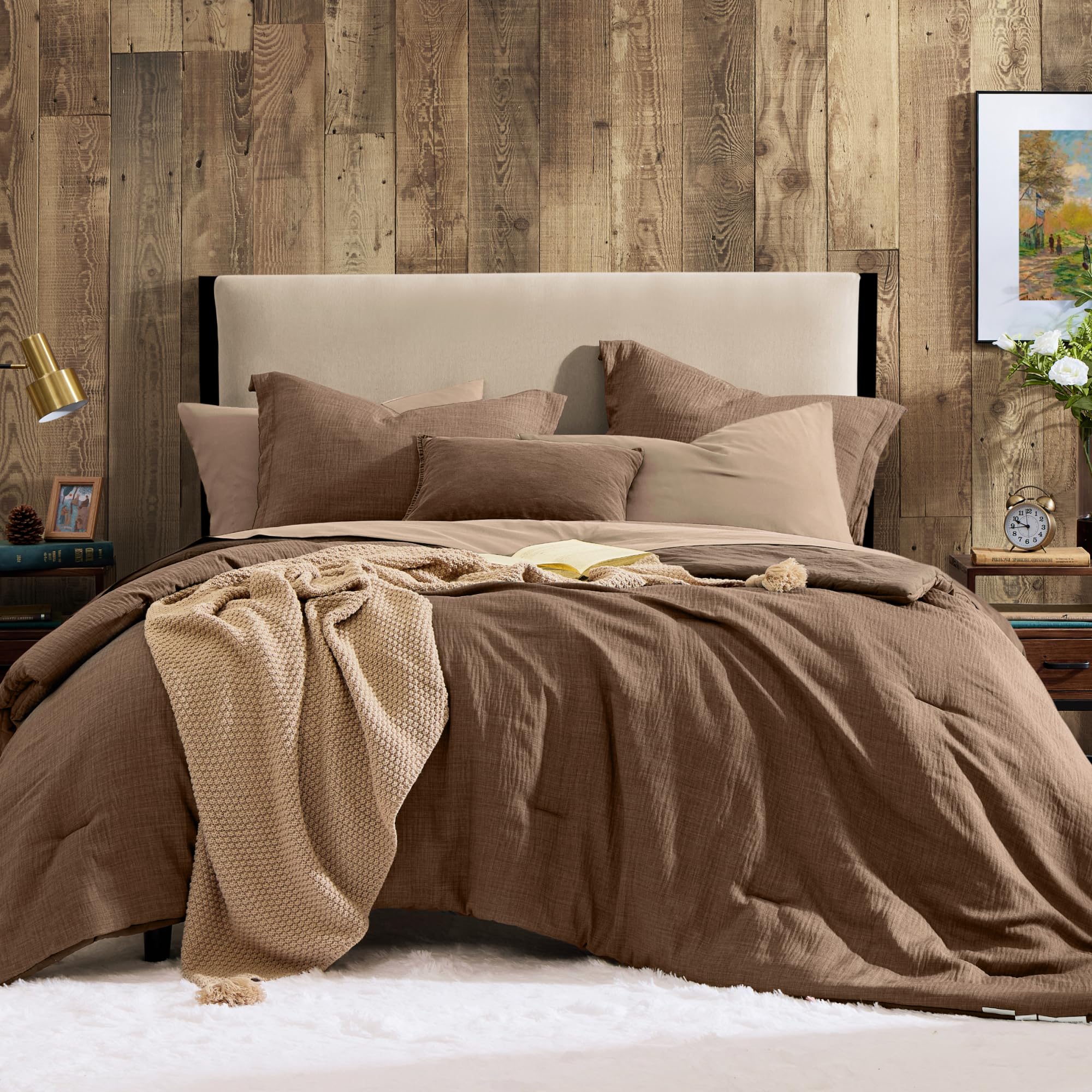 Photo 1 of Geniospin King Size Comforter Set - 7 Pieces Brown Comforter King Size, Soft Solid Bedding Set for All Season, Textured Bed in a Bag with Sheets, Pillowcases & Shams
