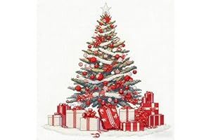 Zhenqing Christmas Tree Cross Stitch Kit – 11CT 9.45x9.45 Inch Aida Cloth with Gifts & Stars – Festive Red, Gold & Indigo Holiday Embroidery Set(67908)