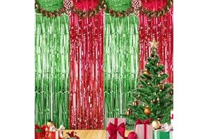 GVHNTK 4 Pack Christmas Metallic Tinsel Foil Fringe Curtains 3.3×6.5 ft Red Green Tinsel Fringe Photo Backdrop Decor Streamer for Christmas New Year Ugly Sweater Birthday Wedding Holiday Party Decorations