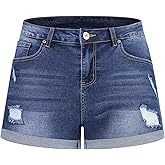 THUNDER STAR Women Mid Rise Ripped Stretchy Jeans Shorts Frayed Raw Hem Casual Denim Shorts