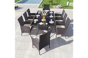 Kullavik 10-Piece Outdoor Dining Set Patio Rattan Furniture Set,Patio Dining Table and Chairs Set with 8 Chairs and Cushions,Square Glass Tabletop with Umbrella Hole for Patio,Backyard,Garden,Sand