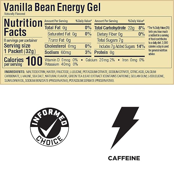 GU ENERGY ORIGINAL SPORTS NUTRITION ENERGY GEL, VEGAN AND DAIRY-FREE ON-THE-GO ENERGY FOR ANY WORKOUT, VANILLA BEAN, 8-COUNT