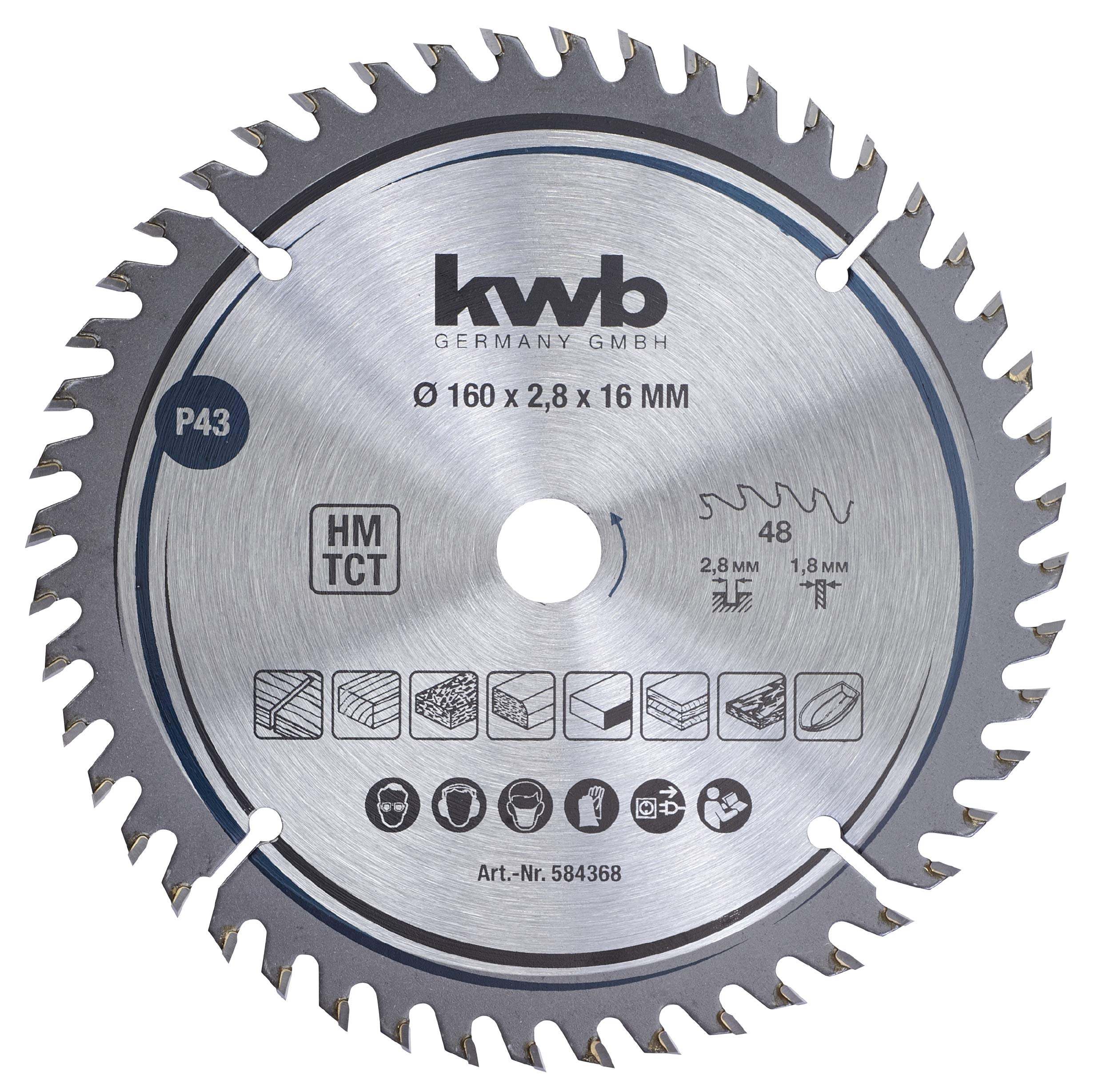 kwb 584368 Joiner's Circular Saw Blade, Wood/Hardwood, 160 x 16 mm cuts, high Number, 48 Teeth Z-48, Precision Saw Blade fine, 160 x 16