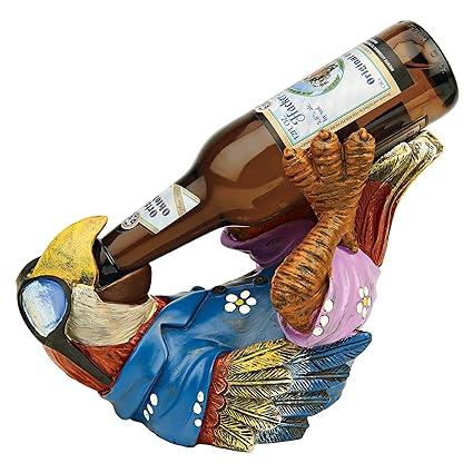 Design Toscano Beer Buddy Tropical Tiki Parrot Bottle Holder Statue, 10 Inch, Polyresin, Full Color