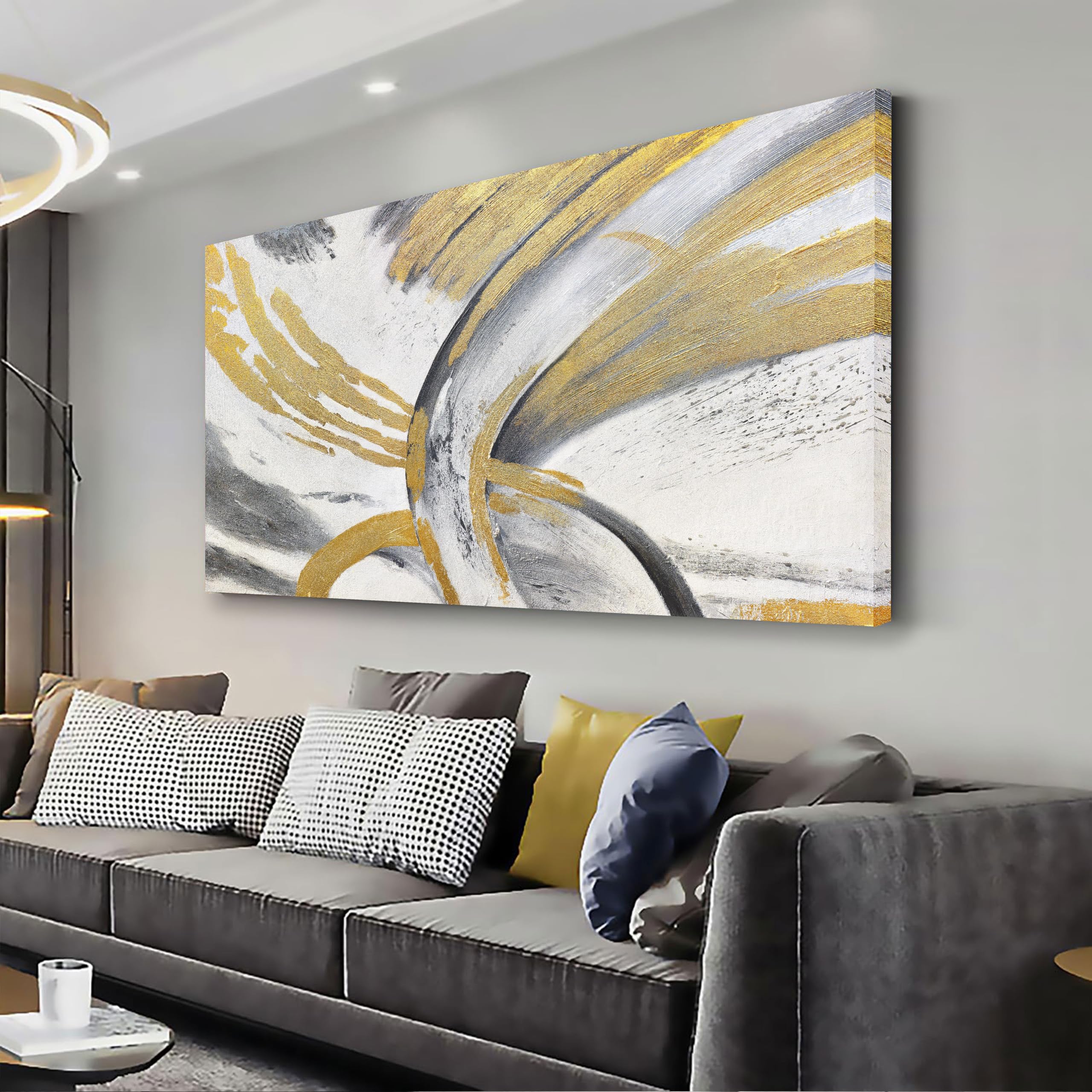 Photo 1 of AERART Abstract Wall Art Black and White Grey Gold Leaf Canvas Paintings Wall Decor Abstract Artwork for Living Room Kitchen Hallway Office Wall Decor 24x48 In
