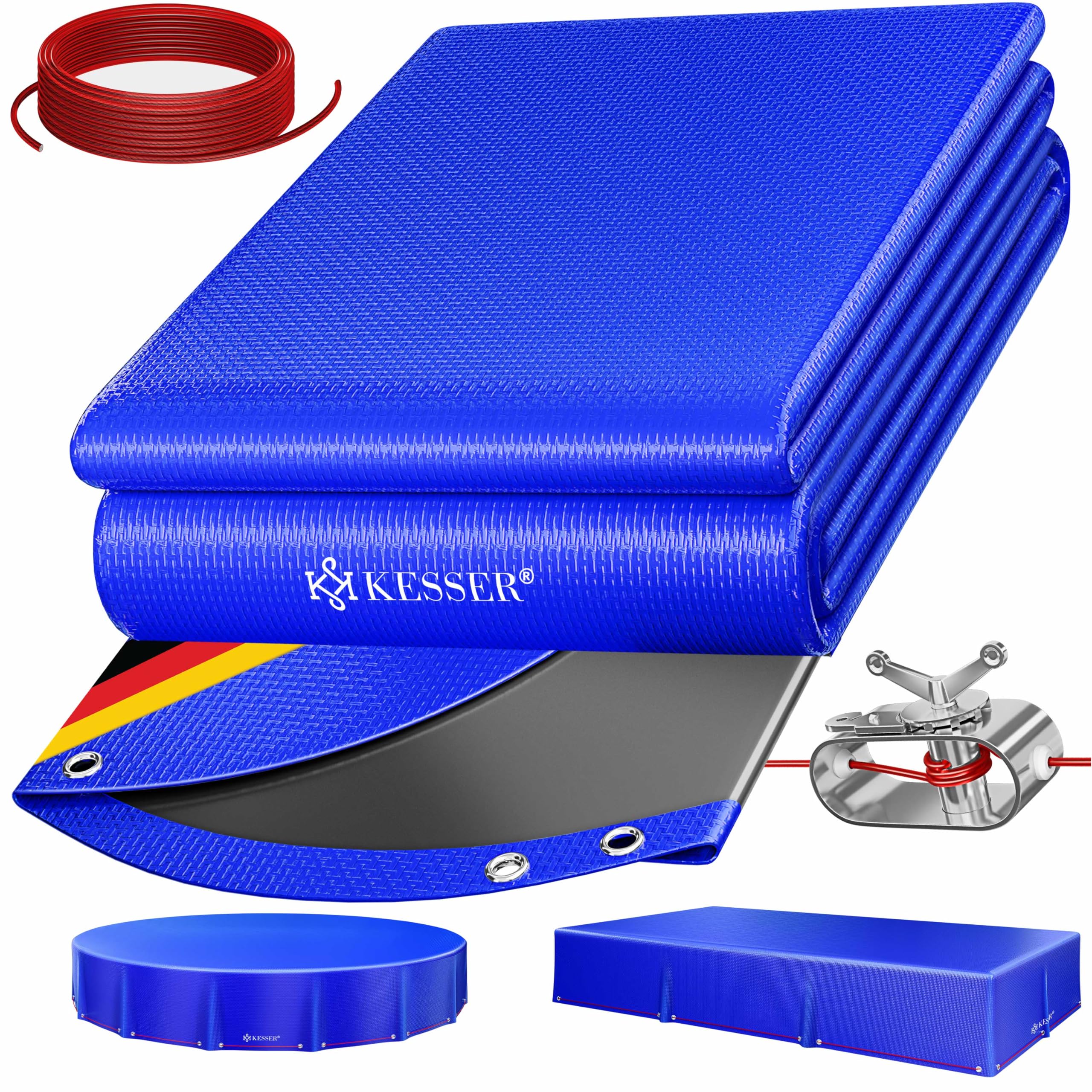 KESSER® Solar Poolabdeckung Pool Abdeckplane Rund Ø305cm Poolplane 200g/m² PE Material Inkl. Stahlseil + Seilspanner mit Ösen Solarplane Abdeckung UV-resistent, Wetterfest für Sommer & Winter