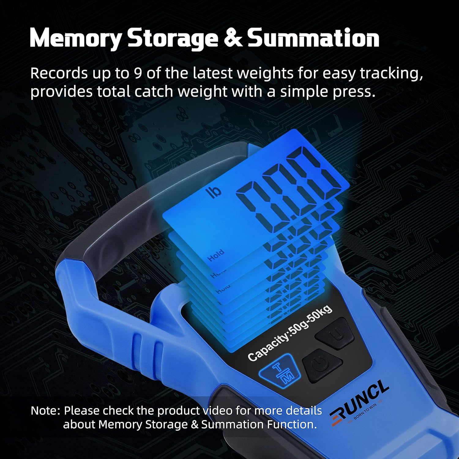 RUNCL Waterproof Fishing Scale with Premium Fish Lip Gripper, Digital Scale with Ruler, Weight Scale 110lb/50kgs - Backlit LCD Display, Memory Storage & Summation - Hanging Scale (Blue) : Sports & Outdoors