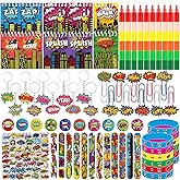 122 Pcs Hero Party Favors Birthday Decorations - Button Badge, Keychain, Bracelet, Bookmark, Slap Bracelet, Spiral Notebook, Sticker, Block Coloring Pen for Gift Bag Fillers, Parties, Carnival Prizes