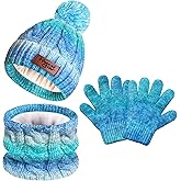 Borwada Toddler Kids Winter Hat Gloves Scarf Set for 3-8 Years, Warm Knit Boys Girls Hats Fleece Pompoms Beanies Neck Warmer