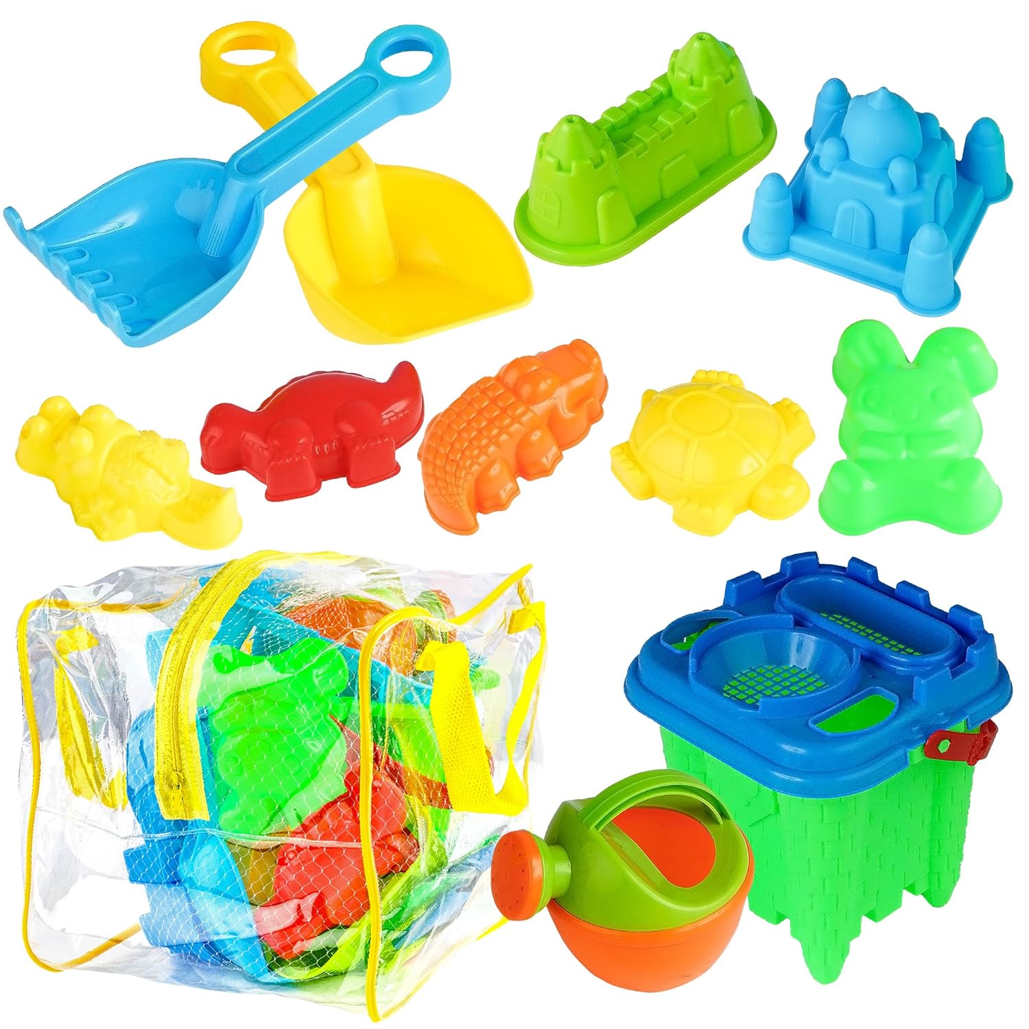 13 Pack Beach Toy Set Sand Castle & Beach Molds, Bucket with Cover