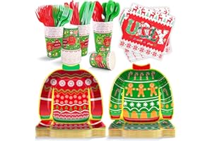 durony 168 Pieces Ugly Sweater Christmas Paper Plates Ugly Sweater Party Decorations Xmas Disposable Dinnerware Set Ugly Party Plates Napkins Cups Cutlery Party Supplies Set, Serves 24 Guests