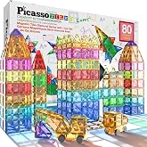 PicassoTiles 80 Piece Magnetic Tiles, STEM Building Set with Car, Ages 3+ | 79 diamond-cut shapes, 1 rolling base, 10 squares, 59 triangles, 10 rectangles, BPA-free, educational learning, creative fun
