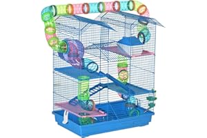 PawHut 18.5" 5 Tier Hamster Cage with Tubes and Tunnels, Small Animal Cage, Rat Gerbil Cage with Water Bottle, Food Dish, Exercise Wheel, Blue
