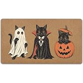 ZIKZAUDOU Halloween Black Cat Ghost Pumpkin Door Mat Rug Entryway Decor | Spooky Witchy Black Cat Vampire Front Door Mat Indoor, Gothic Halloween Fall Artificial Coir Doormat for Outdoor, 30x17In