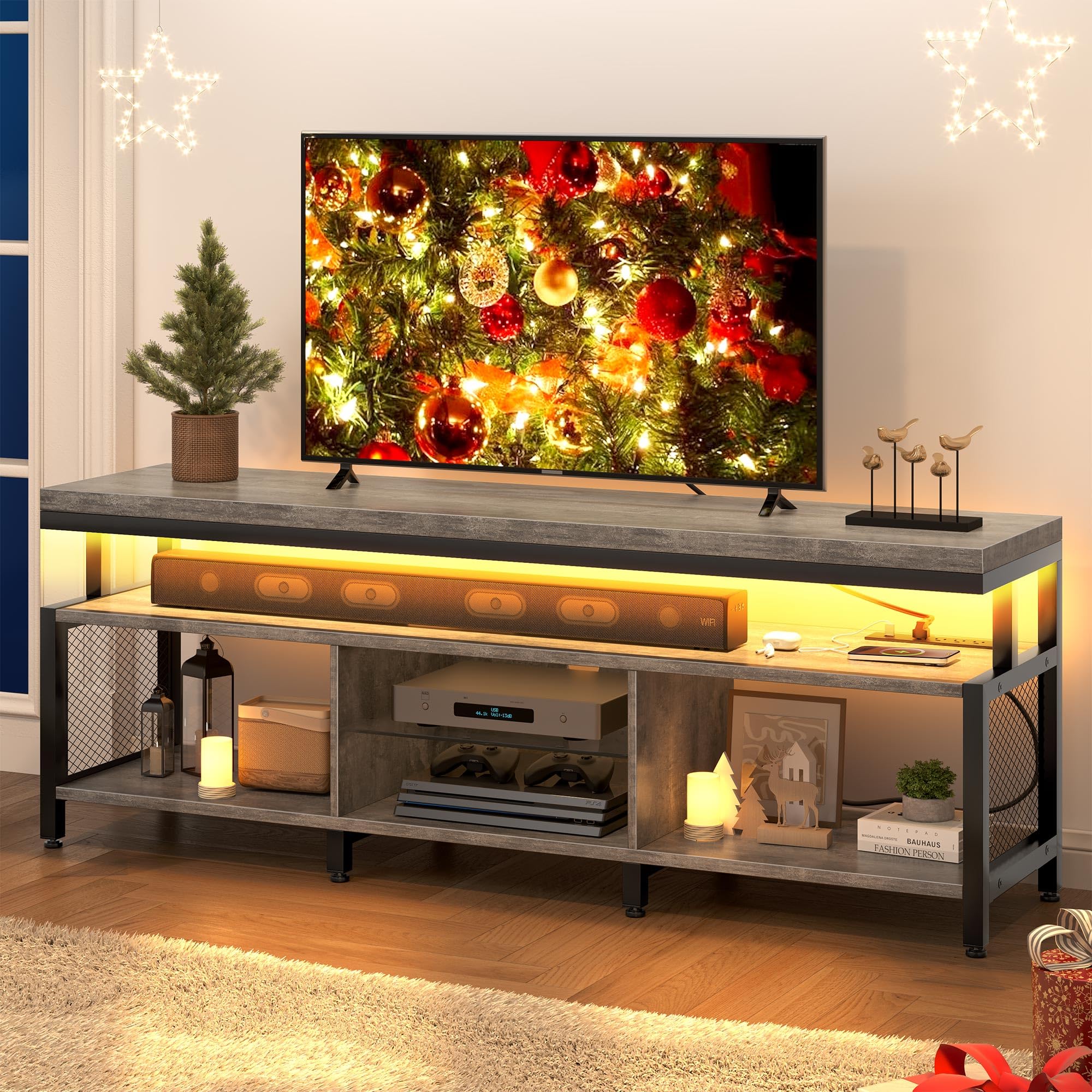 View 1 of YITAHOME LED Television Stands w/Power Outlets for 70/65 inch, Modern Industrial TV Stand, Entertainment Center w/Open Storage TV Table, Entertainment Center for 360lbs for Living Room, Gray