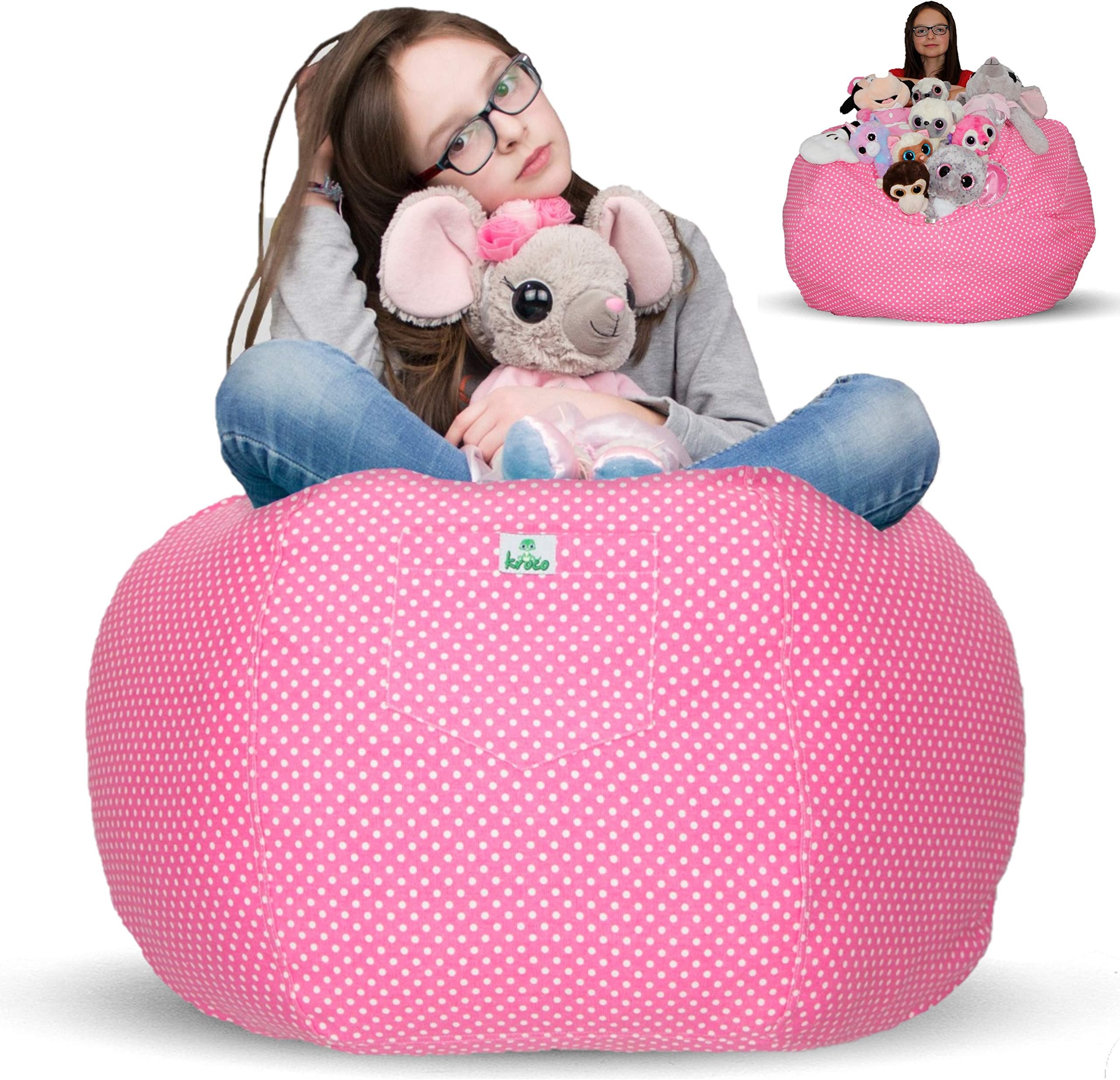Kroco Stuffed Animal Storage Bean Bag Chair for Kids Room | Stuff n sit Toy Storage Pouf | Beanbag Cover for Girls & Boys | Creative Organizer Seat Holder | Extra Large - Giant 38'' Pink with dots