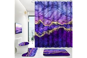 ENYORSEL 4 Piece Bathroom Set with Shower Curtain and Rugs, Gold Purple Bathroom Shower Curtain Set with Rugs, Incl Shower Curtain with 12 Hooks, Soft Bath Mat, U-Shaped Floor Mat, Toilet Lid Oval Rug