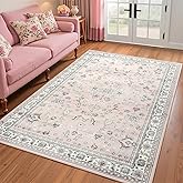 Flagover 4x6 Light Pink Washable Boho Area Rug for Living Room, Vintage Floral Non Slip Bedroom Rugs, Wool Low Pile Indoor Mat, Aesthetic Pattern Carpet for Kitchen, Office and Bedside