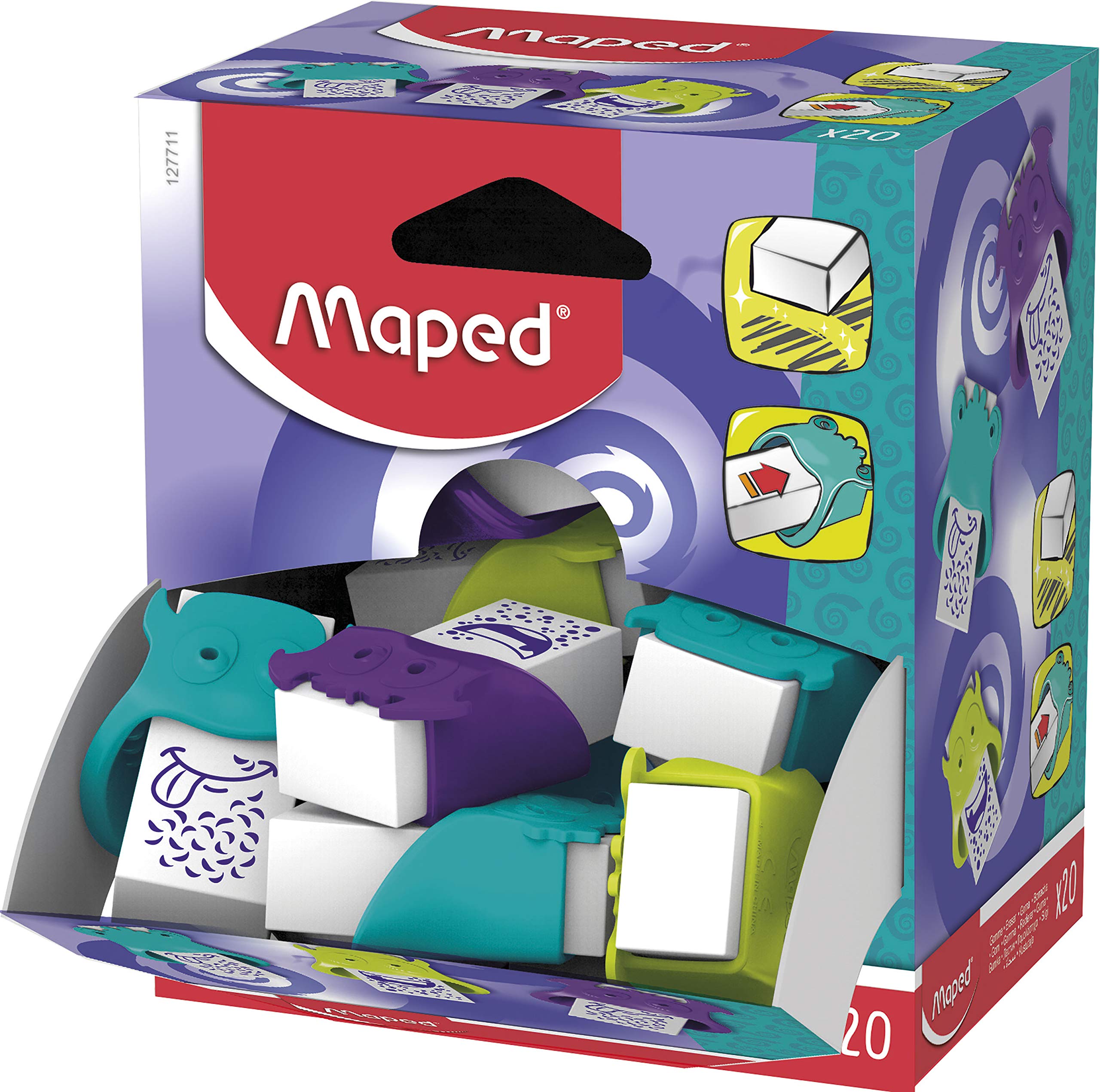 Maped Monster Sleeved Erasers (Box of 20 Assorted Designs and Colours), 127711