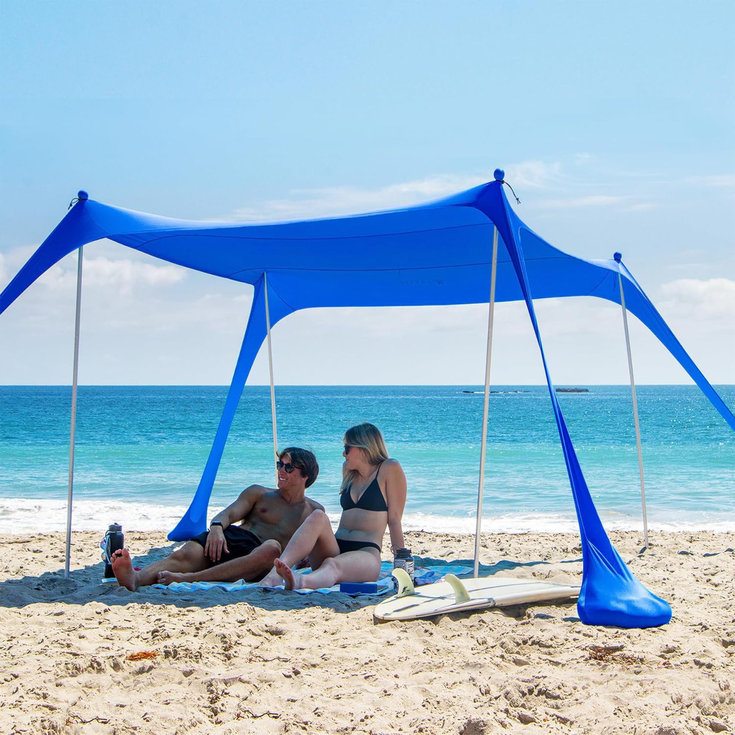 Photo 1 of AMMSUN Beach Tent Portable Sun Shelter,9X 9ft Beach Canopy Easy Setup, 9'X9'Lycra Sun Shelter UPF50+ Protection 4 Sand Bags 4 Aluminum Poles with Sand Shovel for Family Beach Camping Outdoor Navy Blue