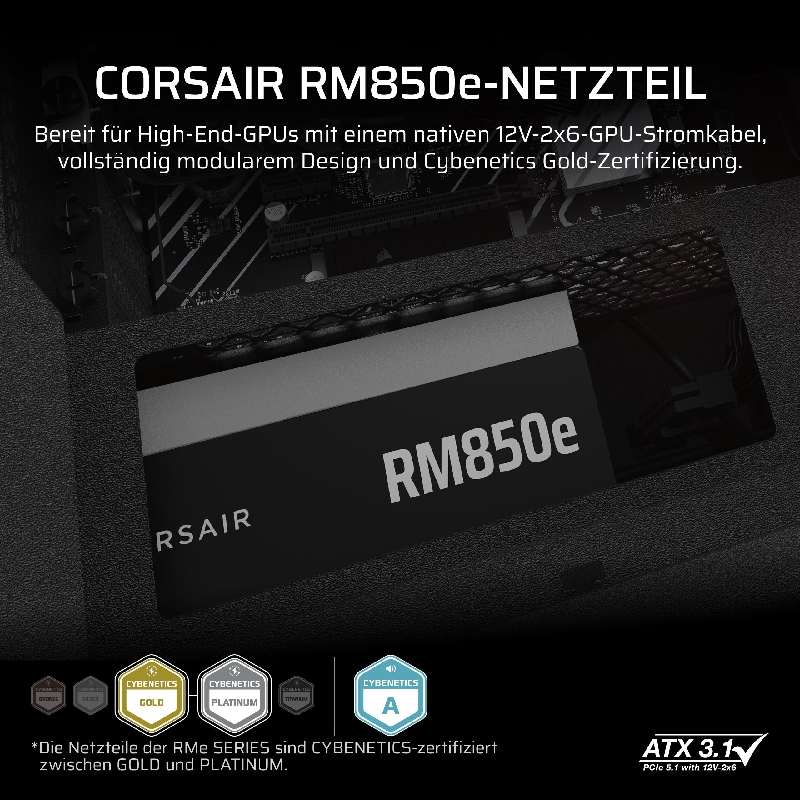 CORSAIR RM850e (2025) Geräuscharmes Vollständig Modulares ATX-Netzteil mit 12V-2x6 Kable – Zero RPM-Lüftermodus, ATX 3.1-Konform, PCIe 5.1-Unterstützung, Cybenetics Gold – Schwarz 2