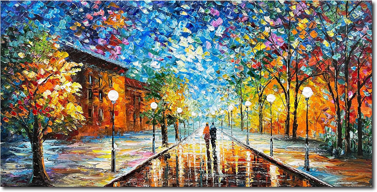 Paintings - Diathou 24x48 inch 100% hand-painted oil painting Romantic Street Oil painting canvas Abstract artwork woodcarving inner frame wall hanging decorative oil painting