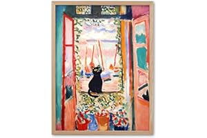 UPWOIGH Beige Natural Oak Wood Framed Wall Art, 8x10in Matisse The Open Window Cat Print, Cat Poster, Cute Black Cat Picture,