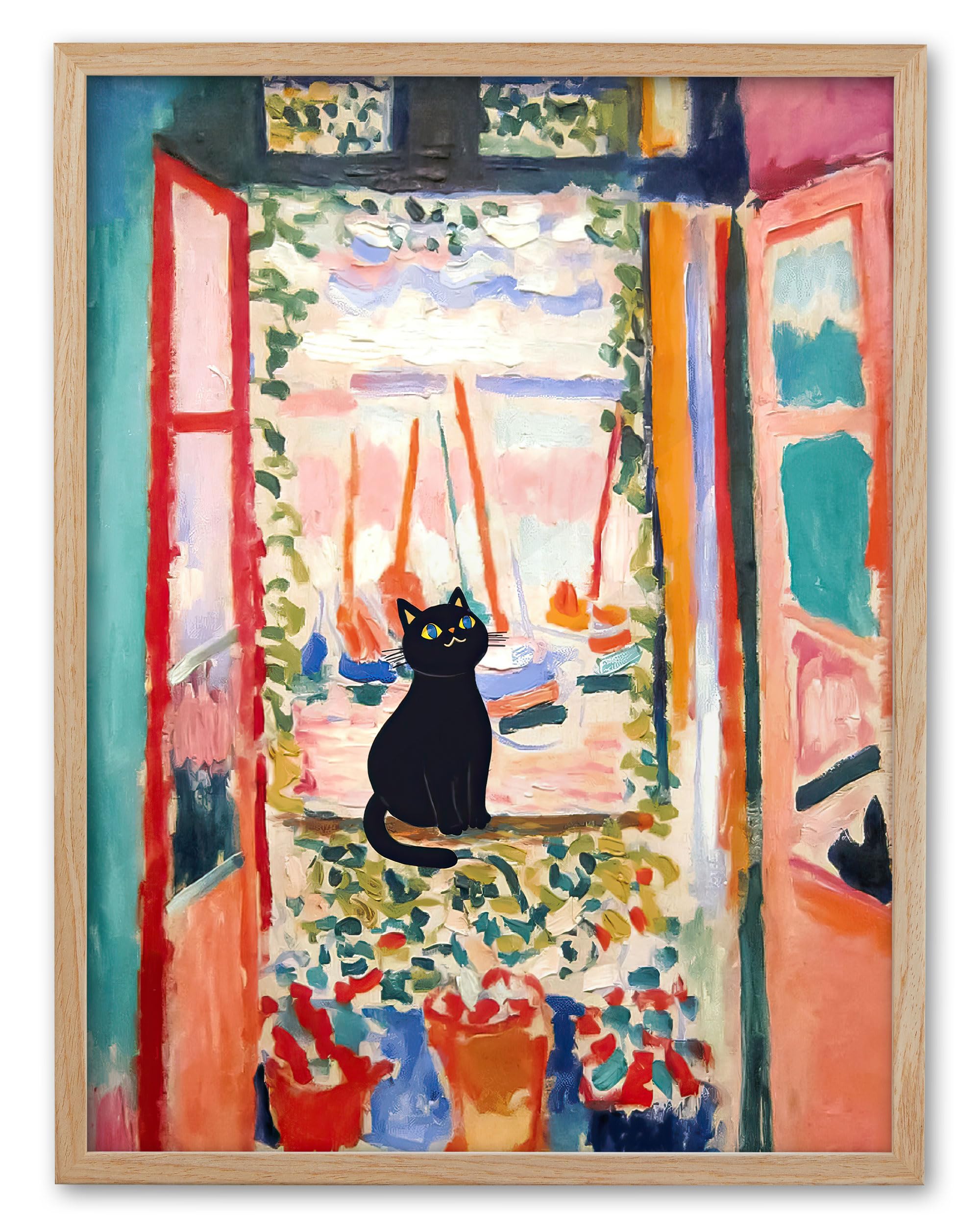 UPWOIGH Natural Oak Beige Wood Framed Canvas Wall Art,12x16in(30x40CM),Henri Matisse The Open Window Black Cat Print Poster, Cute Black animal Picture, Funny Cat Art for Kids Room Bathroom, 1Pack Gift