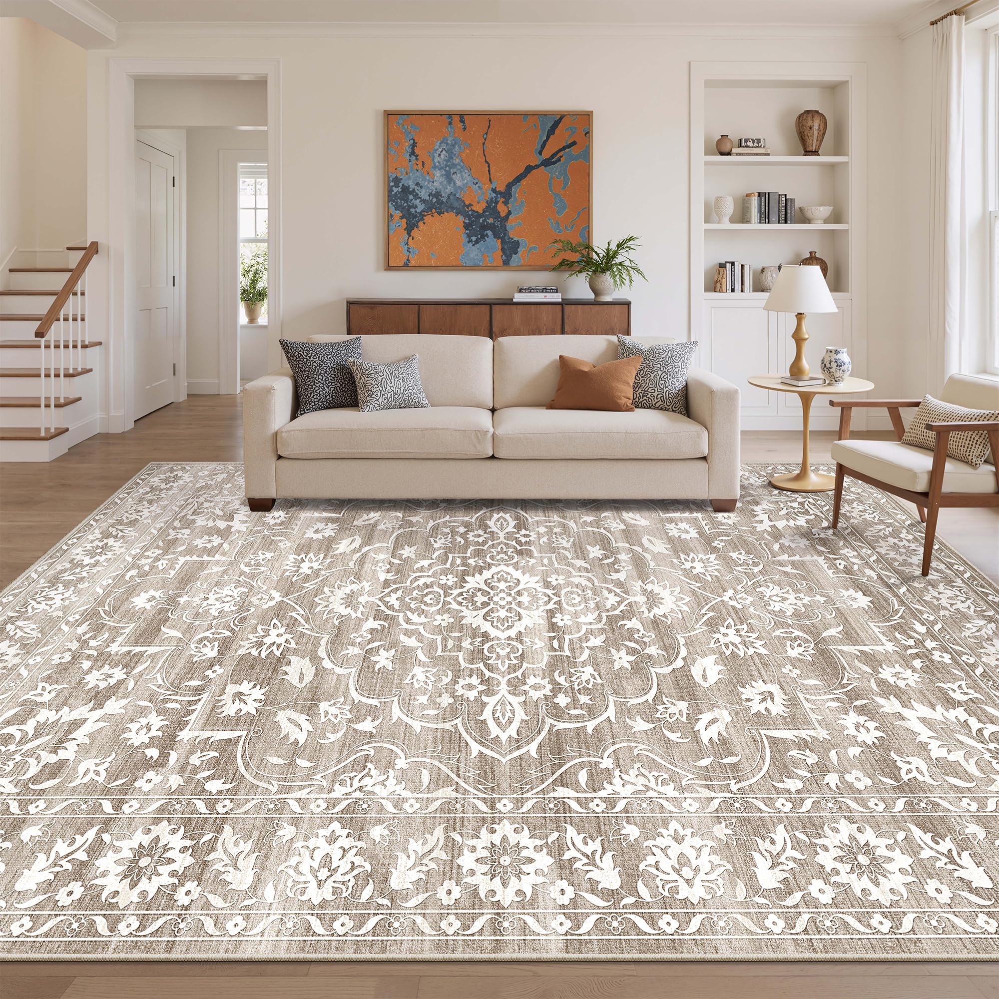 Soalmost 9x12 Washable Area Rugs for Living Room, Vintage Floral Stain Resistant Non-Slip Low Pile Natural Rug Soft Throw Large Carpet for Dining Room Bedroom Farmhouse Home Office Light Brown Image