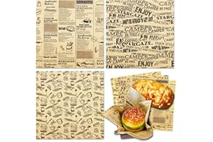 OTOPETE 300Pcs Food Paper Sheets, 12"x12" Greaseproof Paper Sheets, Three Patterns Kraft Paper, Food Basket Liner, Tray Liner, Wrapping Bread Hamburger Sandwiches, for Family, Bakery, Picnic, Party