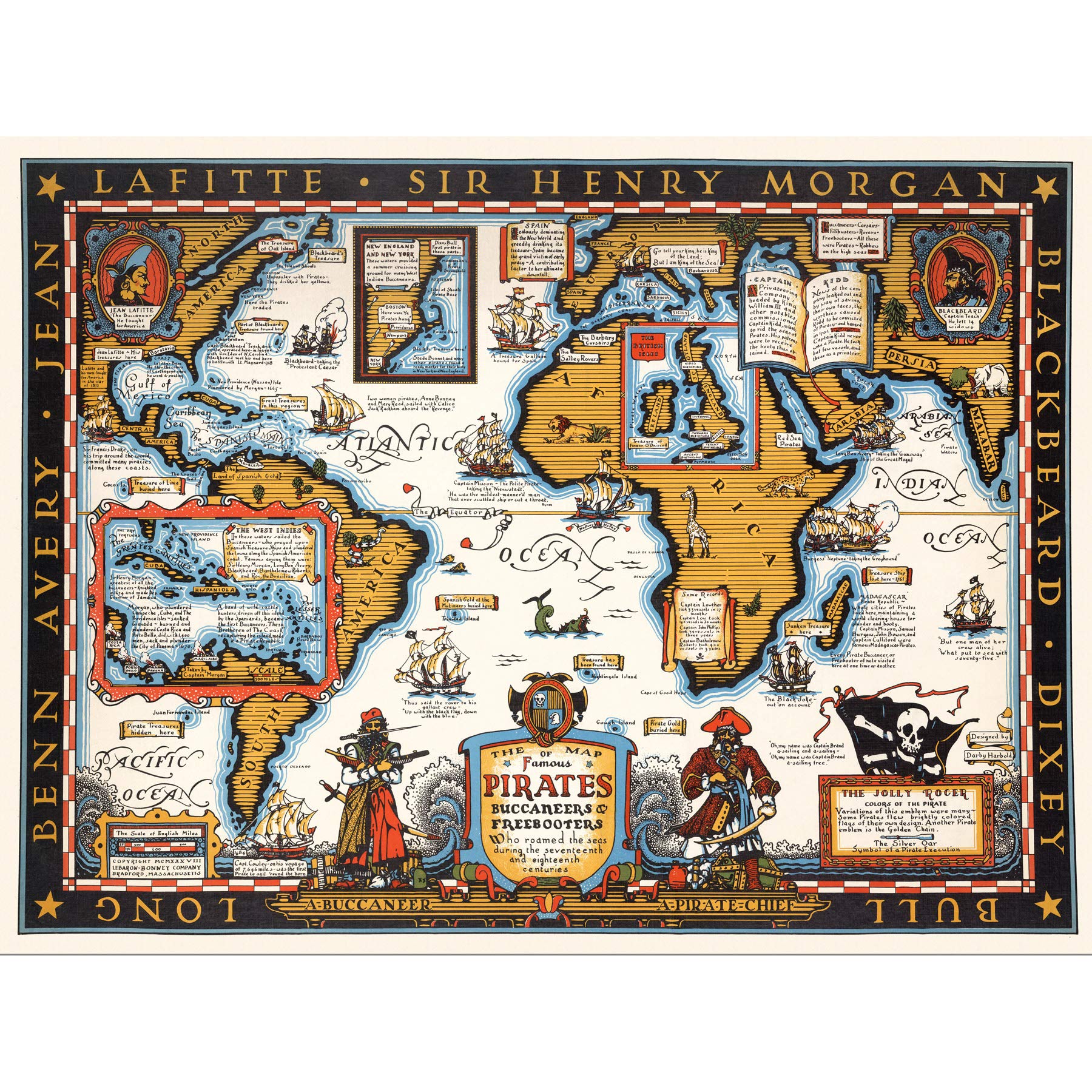 Artery8 Map Harbold 1938 Famous Pirates World Pictorial Large Wall Art Poster Print Thick Paper 18X24 Inch