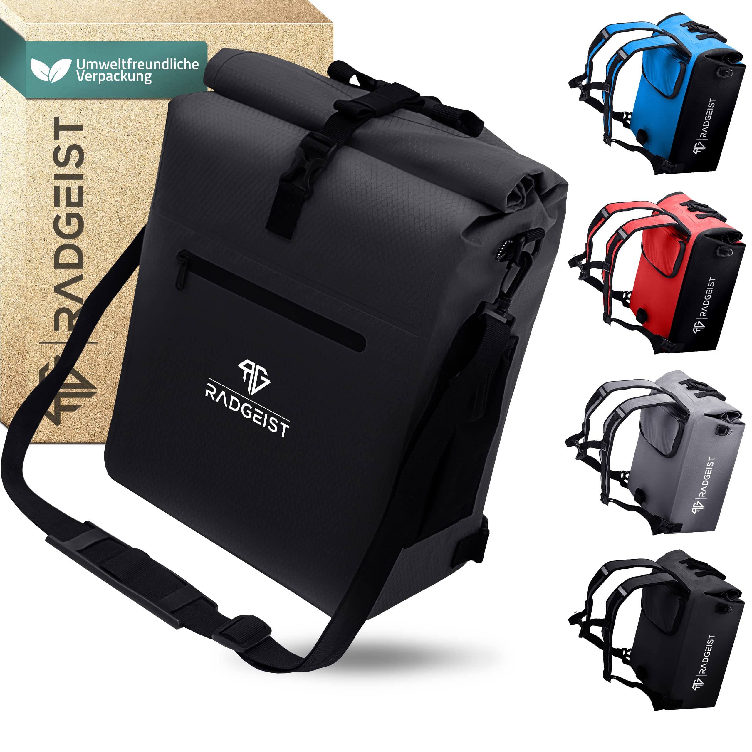 RADGEIST 3in1 Fahrradtasche für Gepäckträger - Fahrrad Rucksack - Gepäckträgertasche mit Reflektoren - Umhängetasche - mit Laptopfach - 100% wasserdichte Tasche- 25L - schwarz
