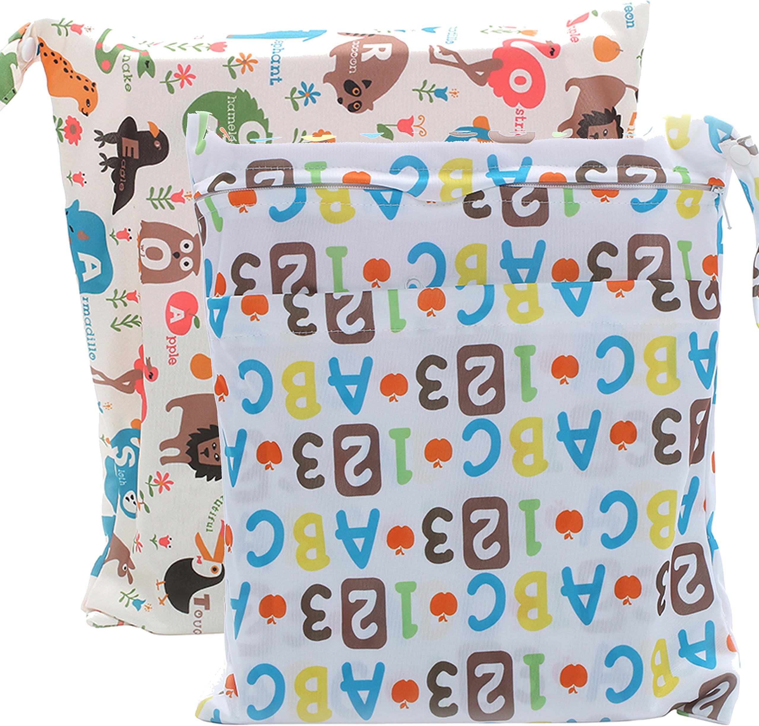 2 Pcs Baby Wet Bag Cloth Diaper Bags Waterproof Reusable with Zippered Pockets for Travel Swimsuits Animal