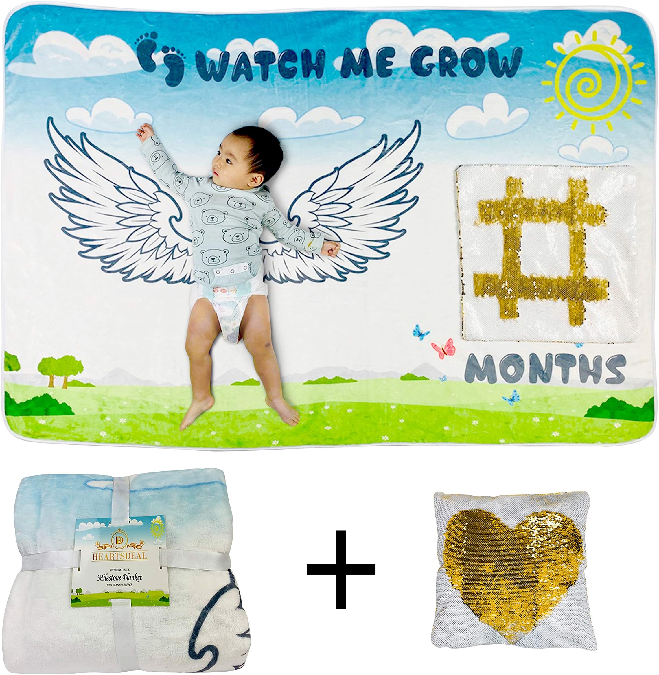 Heartsdeal Baby Monthly Milestone Blanket for Boys & Girls – Includes Fully Customizable Sequin Panel | Extra Large 40"x60" Premium Flannel Fleece Extra Soft | Photography Backdrop