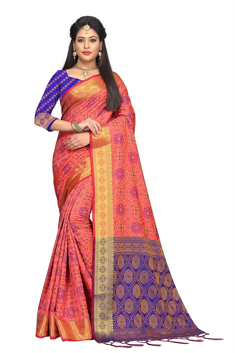 fabrica fab women's pink and blue patola silk saree with blouse piece