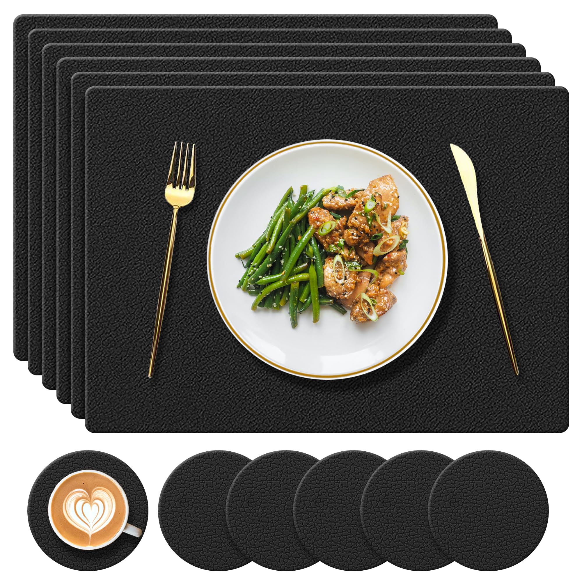 YUNJUER Silicone Place Mats and Coasters Set, Heat-Resistant 450 °F, Non-Slip and Waterproof Placemats, Easy to Clean, Table Mats for Kitchen, Dining Table, Home, Restaurant, 12 Pieces, (Black)