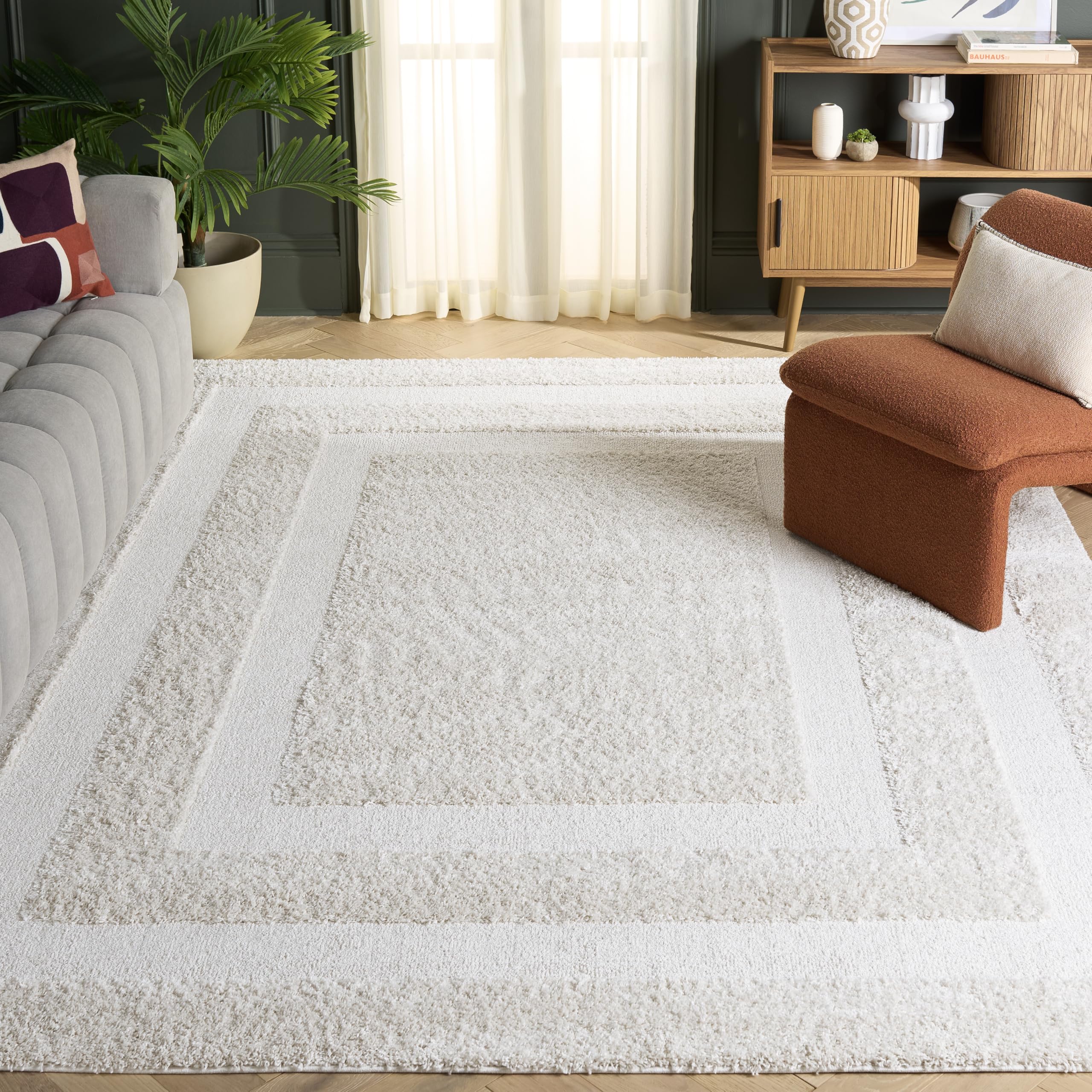 SAFAVIEH Florida Shag Collection Area Rug - 9'6" x 13', Creme & Creme, Border Design, Non-Shedding & Easy Care, 1.2-inch Thick Ideal for High Traffic Areas in Living Room, Bedroom (SG454-1111) Image