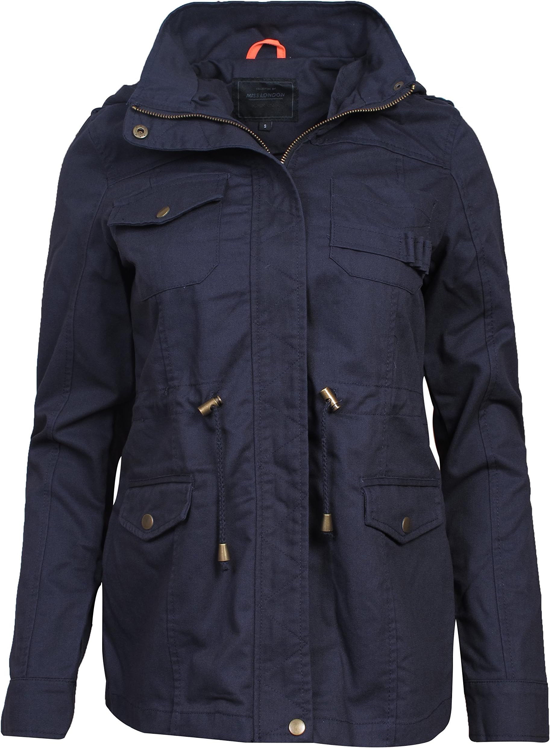 'Miss London Women\'s Military Anorak Safari Hoodie Jacket, Dark Blue, Medium'