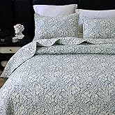 DURLENGEN Quilt Set California King Size 3Pcs,Bluish Grey Printed with Beige Leaves Pattern,Soft Microfiber Lightweight Bedspread for All Season Layering(112x104,Beige Botanical)