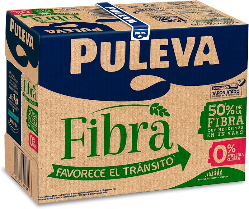 - Leche Puleva con Fibra de Achicoria y Avena, Bebida Láctea, Favorece el Tránsito Intestinal y Digestión, Calcio y Vitaminas, 50% Fibra Diaria por Vaso, Pack 6 x 1 Litro